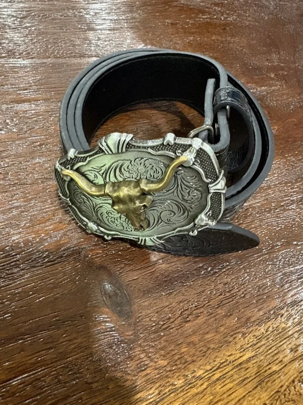 Black Paisley Western Blet with Longhorn Silver Antique Gold Buckle NEW Cowboy